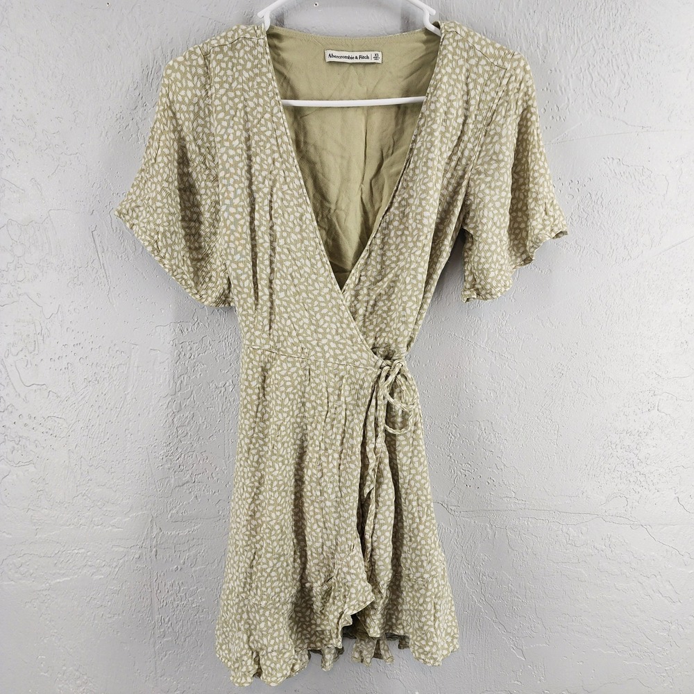 Abercrombie & Fitch XS Green White Floral Wrap Ruffle Mini Dress Summer Womens